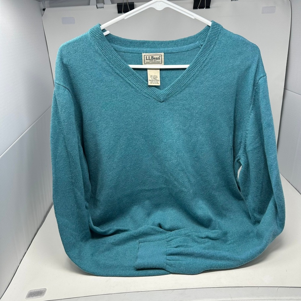 LL Bean Sweater Men L Tall Teal Blue Cotton Cashmere V-Neck Pullover 275552